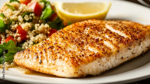 Grilled Fish with Quinoa Salad and Lemon Slice