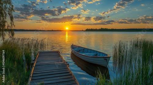 Serene Sunset Over a Tranquil Lake with a Boat Docked