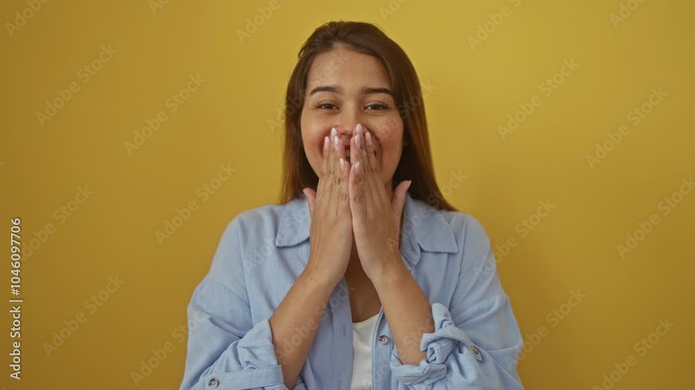 Woman expressing emotions on yellow background with hands on chest, wearing a blue shirt Woman expressing emotions on yellow background with hands on chest, wearing a blue shirt