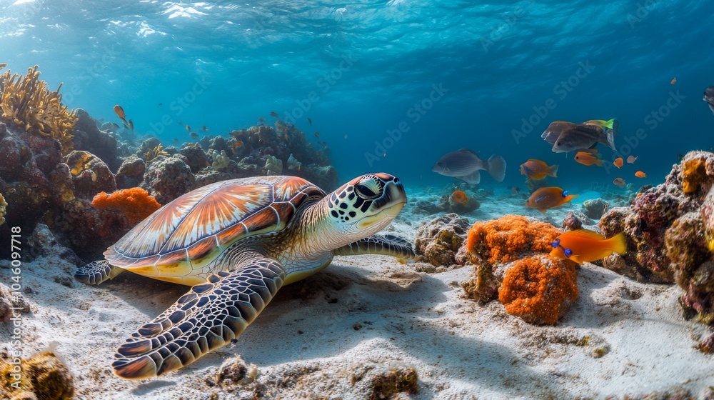 Obraz premium Colorful Sea Turtle Swimming Underwater in Coral Reef