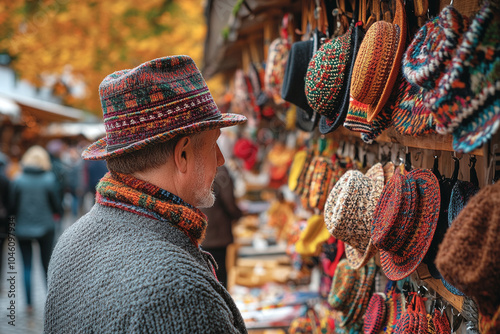 A vendor selling traditional German hats and souvenirs at an Oktoberfest market. photo