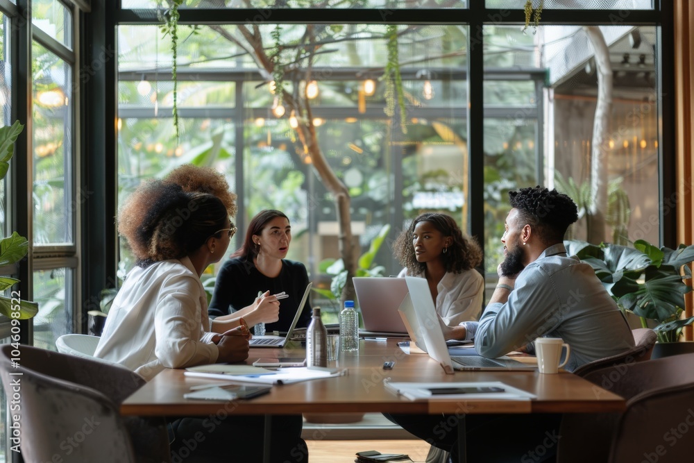 Diverse Business Team Meeting Around a Table with Laptops and a Water Bottle Diverse Business Team Meeting Around a Table with Laptops and a Water Bottle