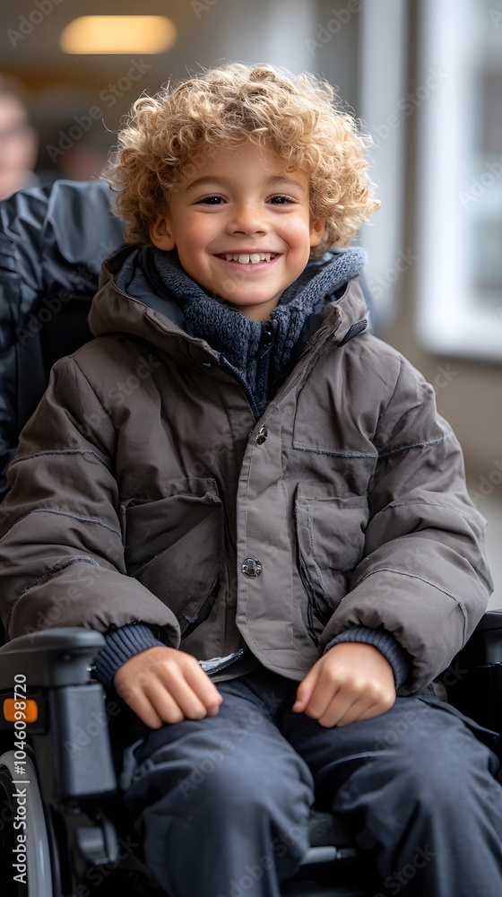 Happy Child in Wheelchair with Curly Hair and Jacket