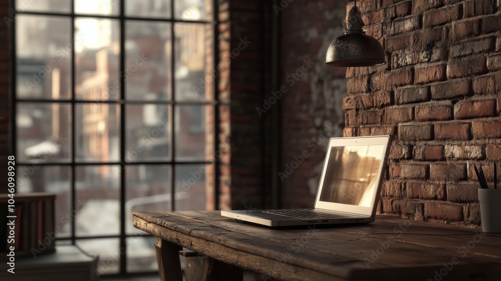 A laptop rests on a rustic wooden desk in a warmly lit room, showcasing a creative workspace filled with character and charm. Generative AI A laptop rests on a rustic wooden desk in a warmly lit room, showcasing a creative workspace filled with character and charm. Generative AI