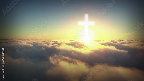 Christian, heaven and religion with cross on blue sky for worship, spiritual guide and clouds. Catholic, prayer and faith with crucifix graphic for gospel, Christmas holiday and Jesus christ