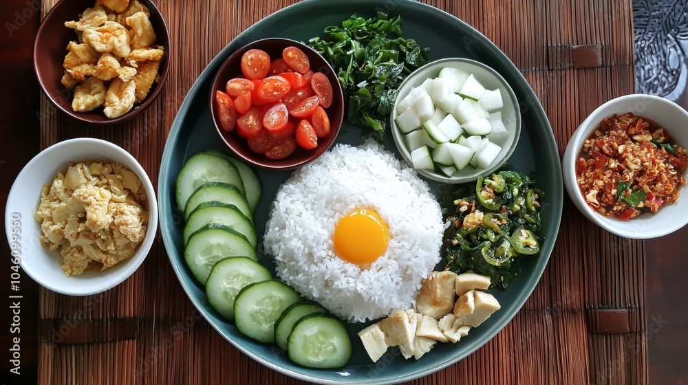 Colorful Plate with Rice and Fresh Vegetables Colorful Plate with Rice and Fresh Vegetables