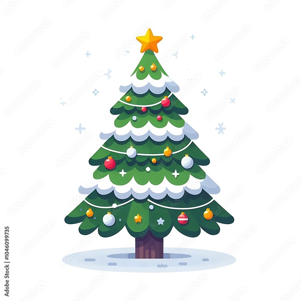 Obraz premium Flat, isolated illustration of a festive Christmas tree adorned with colorful ornaments, lights, and a shining star on top. The tree has a classic triangular shape and vibrant green branches. 