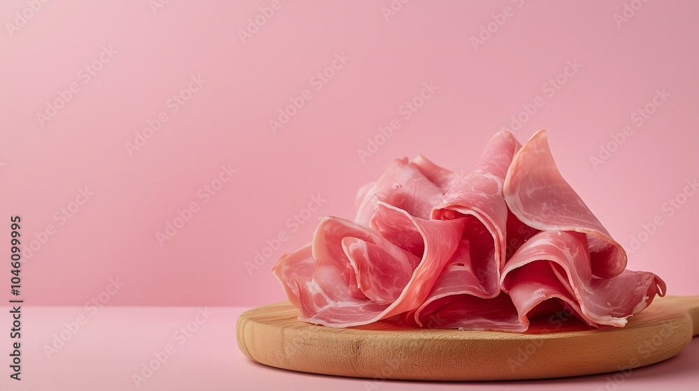 A slice of bread topped with folded, pink deli meat against a soft pink background. A slice of bread topped with folded, pink deli meat against a soft pink background.