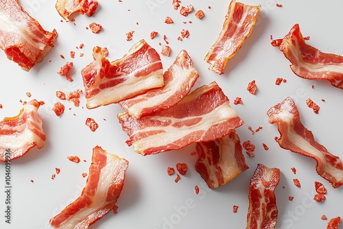 Crispy bacon strips scattered artfully on a clean surface, showcasing textures and colors that highlight their delicious appeal. photo