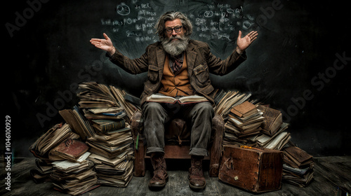 The elderly man sits comfortably in a chair surrounded by towering stacks of books, animatedly discussing topics of knowledge with a welcoming expression.