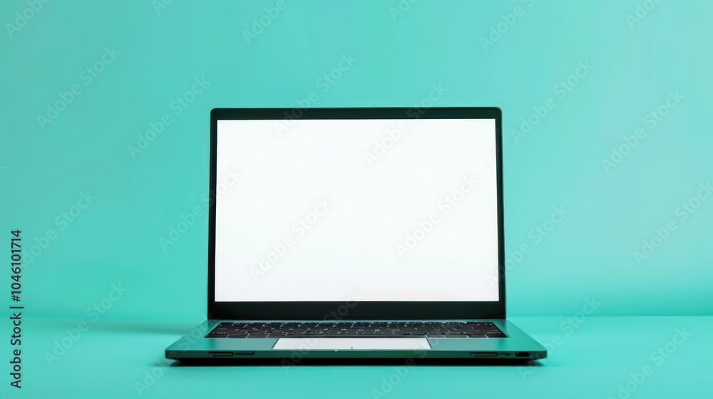 Laptop with Blank Screen on Teal Background Laptop with Blank Screen on Teal Background