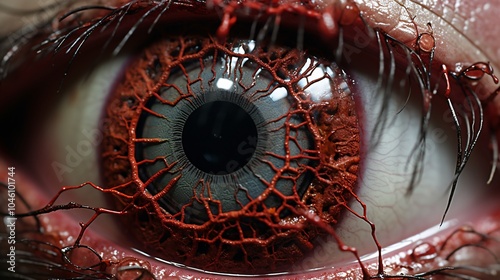 Macro shot of an eye with visible blood vessels and detailed iris