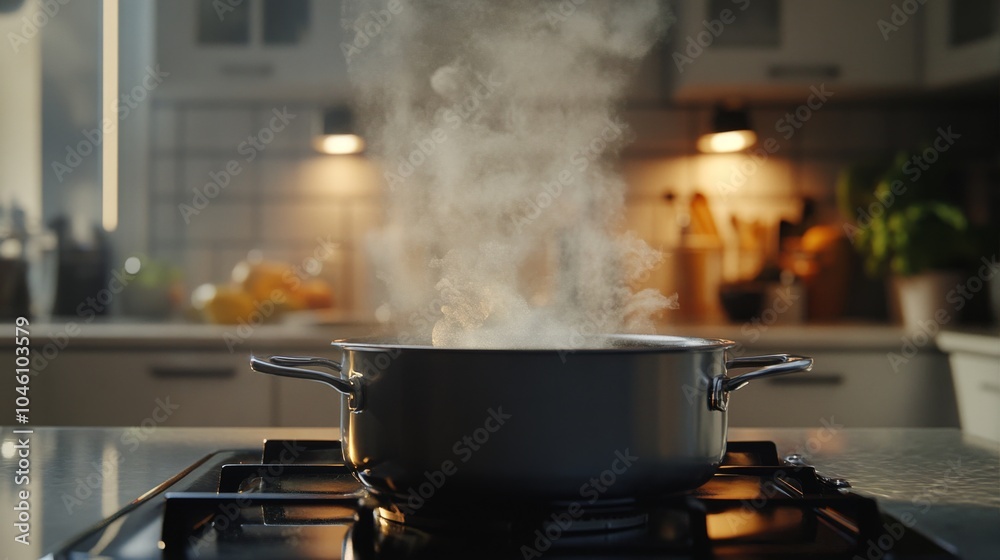Steaming Pot in Modern Kitchen Setting Steaming Pot in Modern Kitchen Setting
