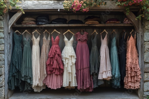 Vintage Dresses Hanging in Rustic Wooden Wardrobe Amidst Stone Walls photo