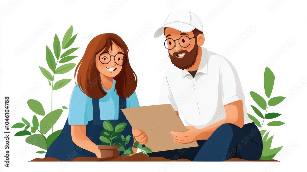 A man and woman happily engaging in gardening, holding a plant and instructions. They have glasses and are surrounded by green foliage in a bright, cheerful setting. A man and woman happily engaging in gardening, holding a plant and instructions. They have glasses and are surrounded by green foliage in a bright, cheerful setting.