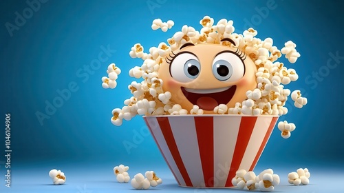 Endearing cartoon popcorn character with wide eyes, embodying joy and fun in a red-striped bucket, ready to bring delight to any event.