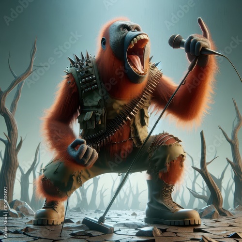 Ai Generated Low poly 3D illustration of an orangutan vocalist, roaring into a microphone, dressed army-style equipment, spiked shoulder pads, standing in a desolate jungle with dead trees
