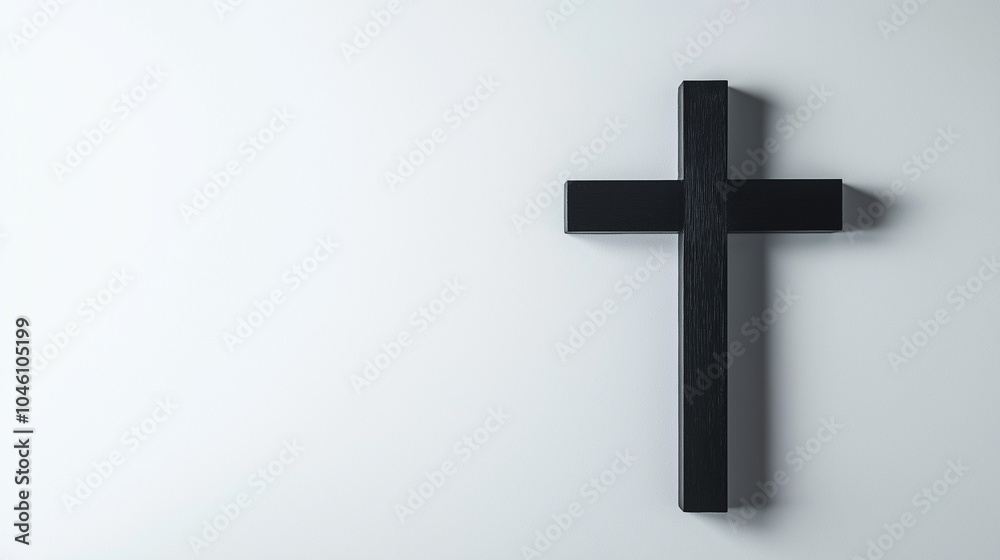 All Saints Day concept,black wooden cross is mounted on a white wall,representing faith and spirituality in a minimalistic and serene environment,perfect for reflection,copy space All Saints Day concept,black wooden cross is mounted on a white wall,representing faith and spirituality in a minimalistic and serene environment,perfect for reflection,copy space