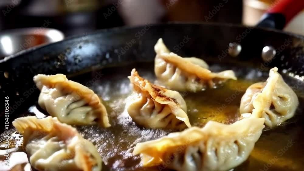 dumplings being fried in a pan dumplings being fried in a pan