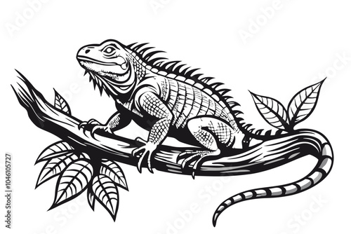 Iguana on Branch in Black and White, Embracing Nature, Vector Illustration Isolated on White Background.