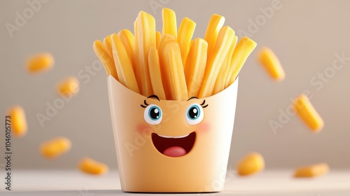 A delightful animated French fry character, showcasing a playful expression and surrounded by floating fries, radiating joy against a soft background. photo