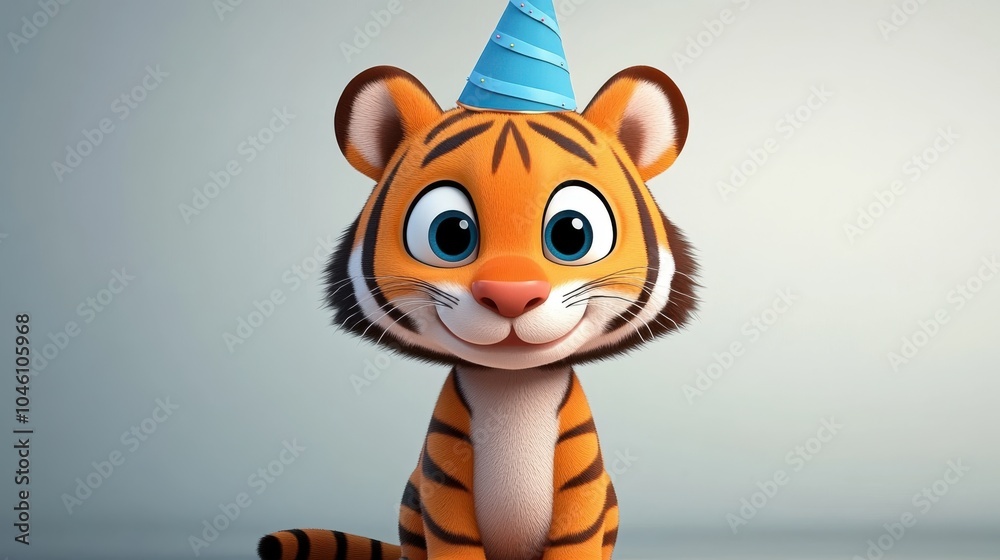 An adorable cartoon tiger cub wearing a blue party hat sits with wide eyes, exuding cuteness and playful joy, perfect for festive and lively themes.