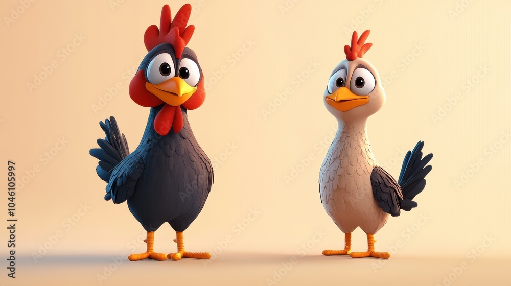 Two cartoon roosters appear engaging with each other in a friendly manner, featuring striking plumage and expressive eyes in a humorous, lively atmosphere. Two cartoon roosters appear engaging with each other in a friendly manner, featuring striking plumage and expressive eyes in a humorous, lively atmosphere.