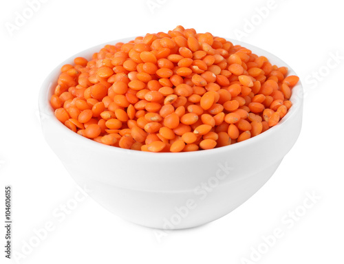 Raw lentils in bowl isolated on white