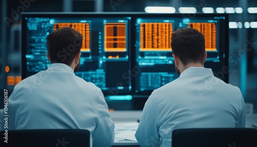 Two scientists analyzing data on large digital screens in a lab setting.