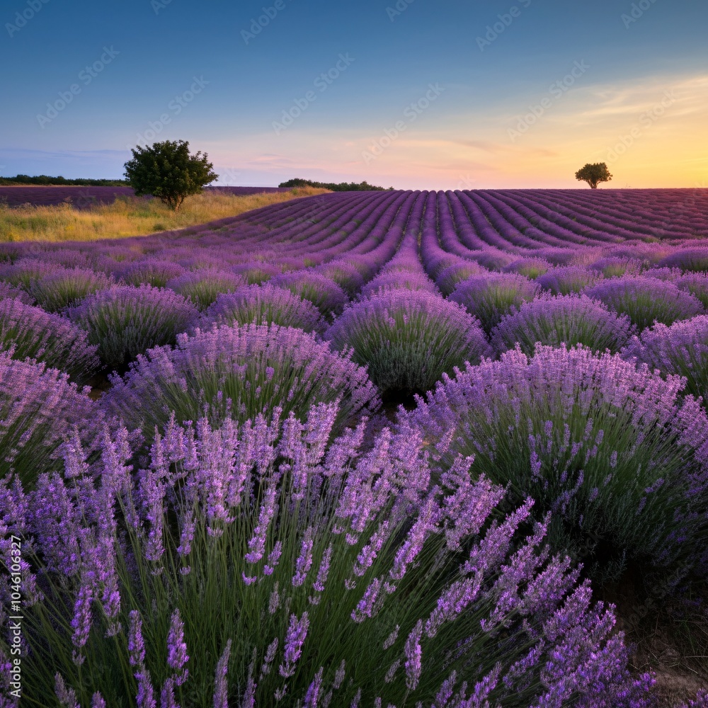 Fototapeta premium Rolling hills covered with lavender fields under a bright blue sky