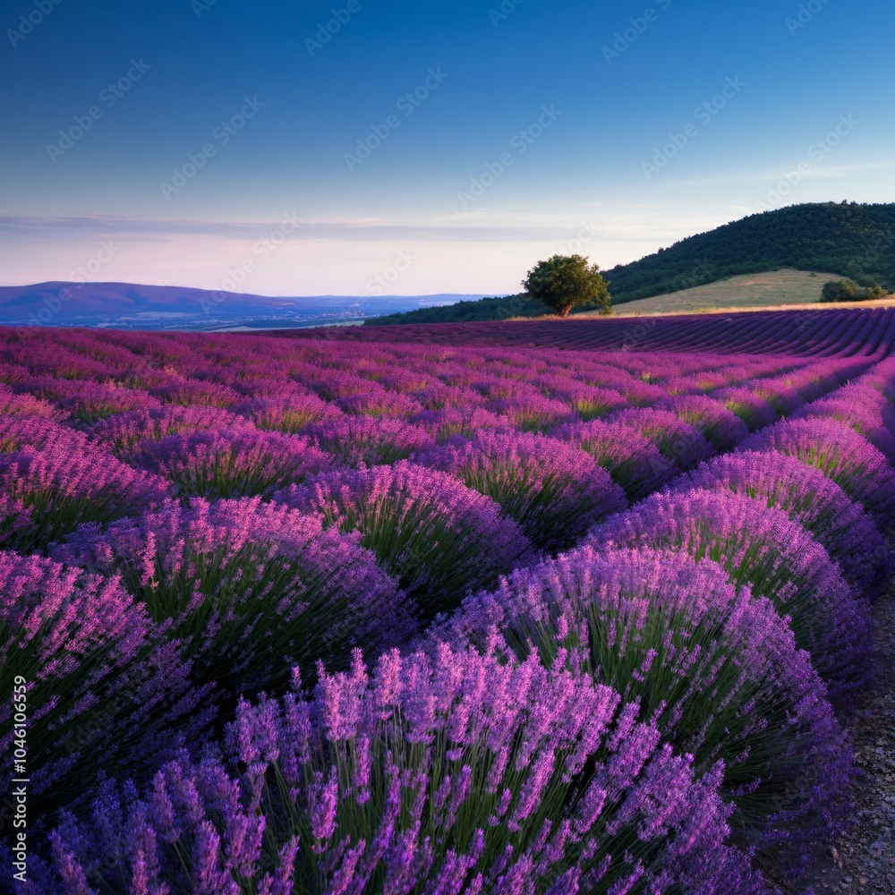 Fototapeta premium Rolling hills covered with lavender fields under a bright blue sky