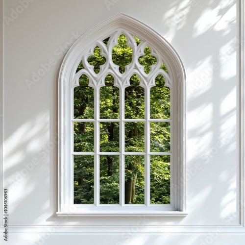 Elegant gothic window showcasing lush greenery outside  beautifully lit by natural light.