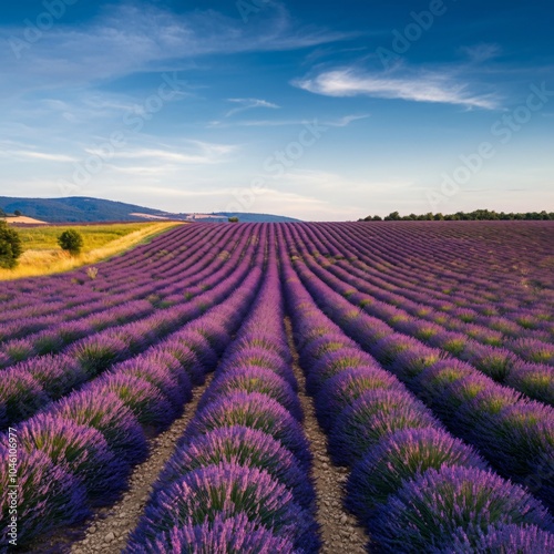 Rolling hills covered with lavender fields under a bright blue sky