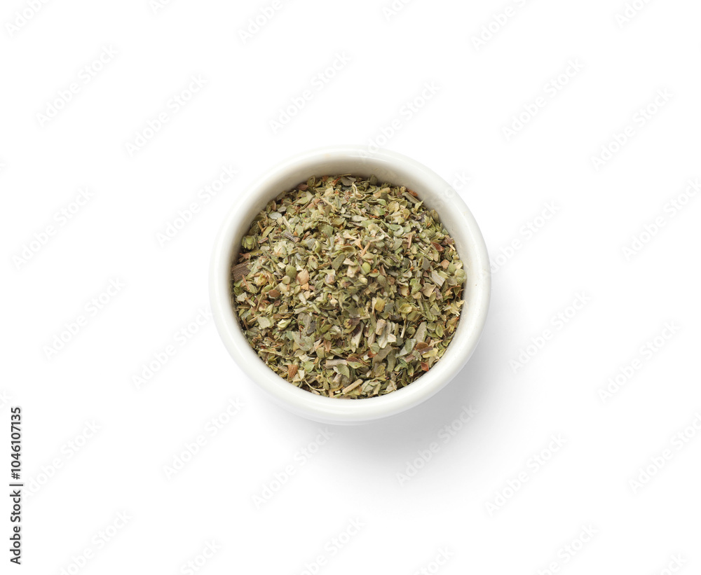 Dried oregano in bowl isolated on white, top view Dried oregano in bowl isolated on white, top view