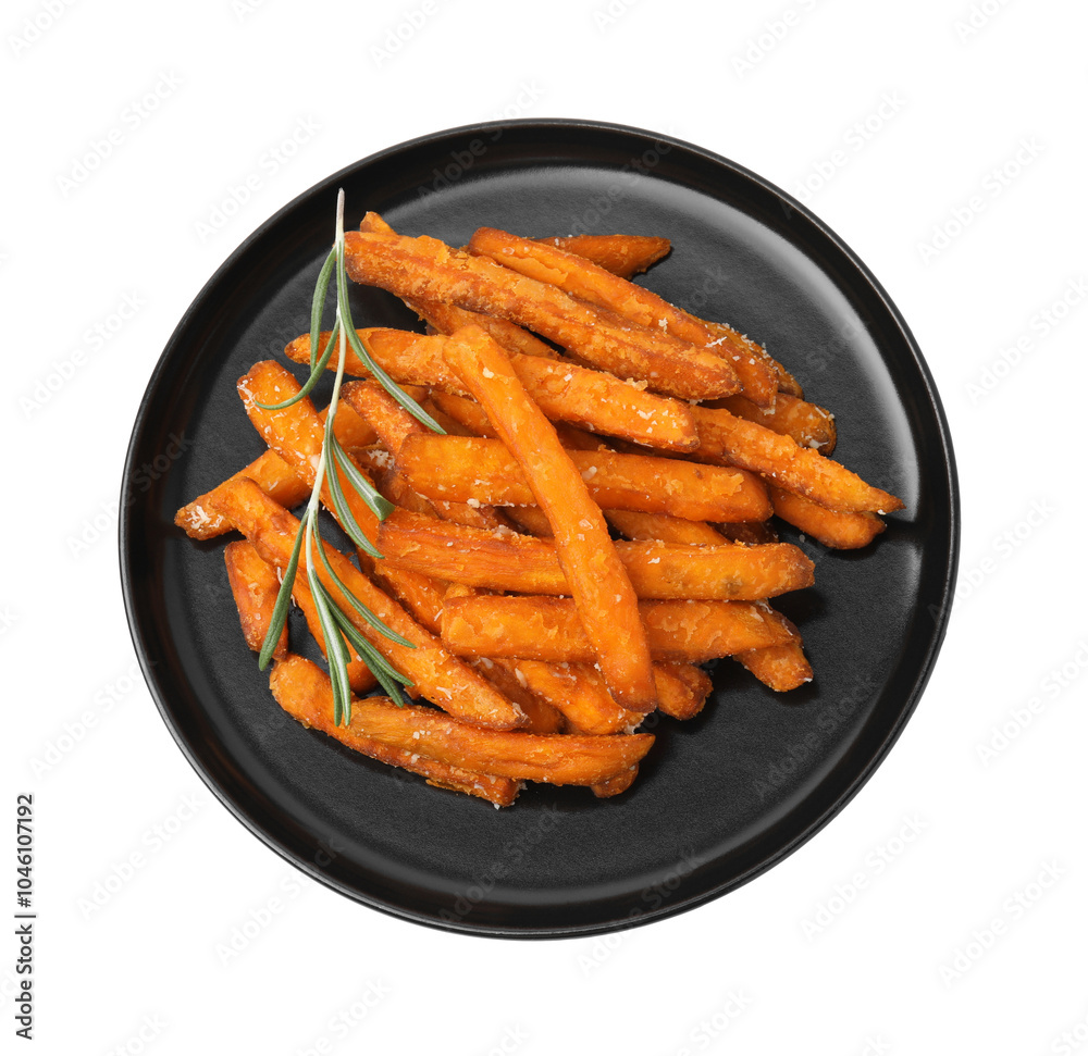 Sweet potato fries and rosemary isolated on white, top view Sweet potato fries and rosemary isolated on white, top view
