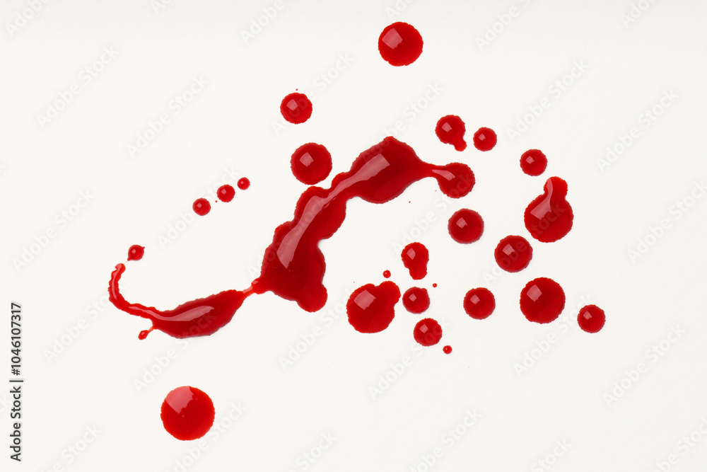 Drops of blood on white background, top view Drops of blood on white background, top view
