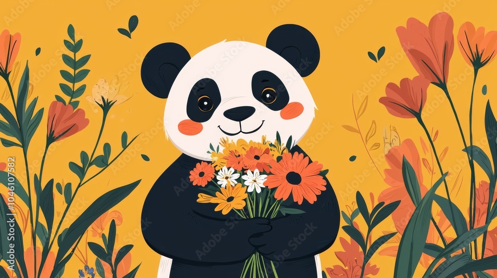 Mother's Day panda holding a bouquet of flowers Mother's Day panda holding a bouquet of flowers