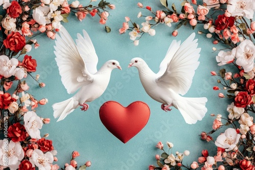 Two white doves near a red heart surrounded by floral decorations. photo