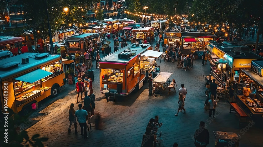 Obraz premium Night Market with Food Trucks and People