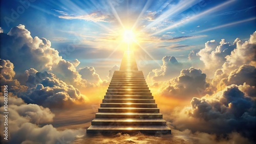 Stairway to Heaven with Glowing Steps Ascending Through Majestic Clouds into Radiant Sunlight, Forced Perspective