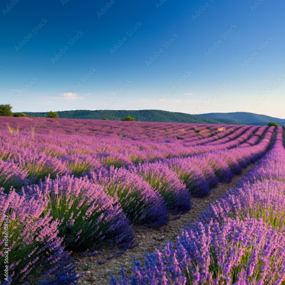 Fototapeta premium Rolling hills covered with lavender fields under a bright blue sky