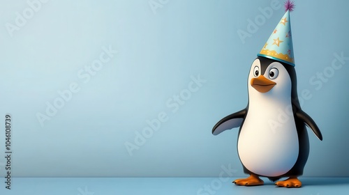 An adorable cartoon penguin sporting a blue party hat on a pale blue background, capturing a fun and cheerful vibe suitable for joyful occasions.