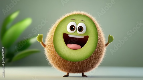 A cute, round, furry character with a bright green face and large, cheerful eyes, standing joyfully against a soft green blurred background. photo