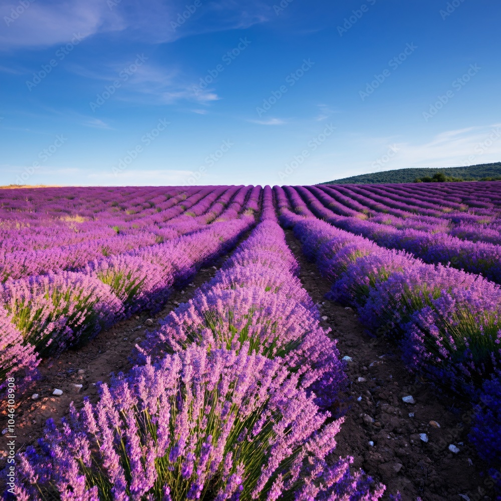 Fototapeta premium Rolling hills covered with lavender fields under a bright blue sky