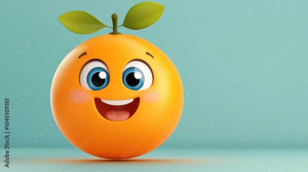 A friendly orange with large blue eyes and a wide smile, crowned with a green leaf, resting against a peaceful blue background, embodying warmth and friendliness. A friendly orange with large blue eyes and a wide smile, crowned with a green leaf, resting against a peaceful blue background, embodying warmth and friendliness.