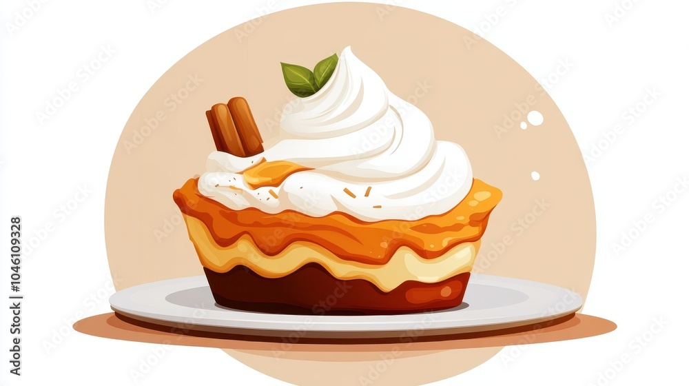 This image features a delectable cartoon pie with visible layers, lavishly topped with whipped cream and garnished with cinnamon sticks, ideal for cozy settings. This image features a delectable cartoon pie with visible layers, lavishly topped with whipped cream and garnished with cinnamon sticks, ideal for cozy settings.