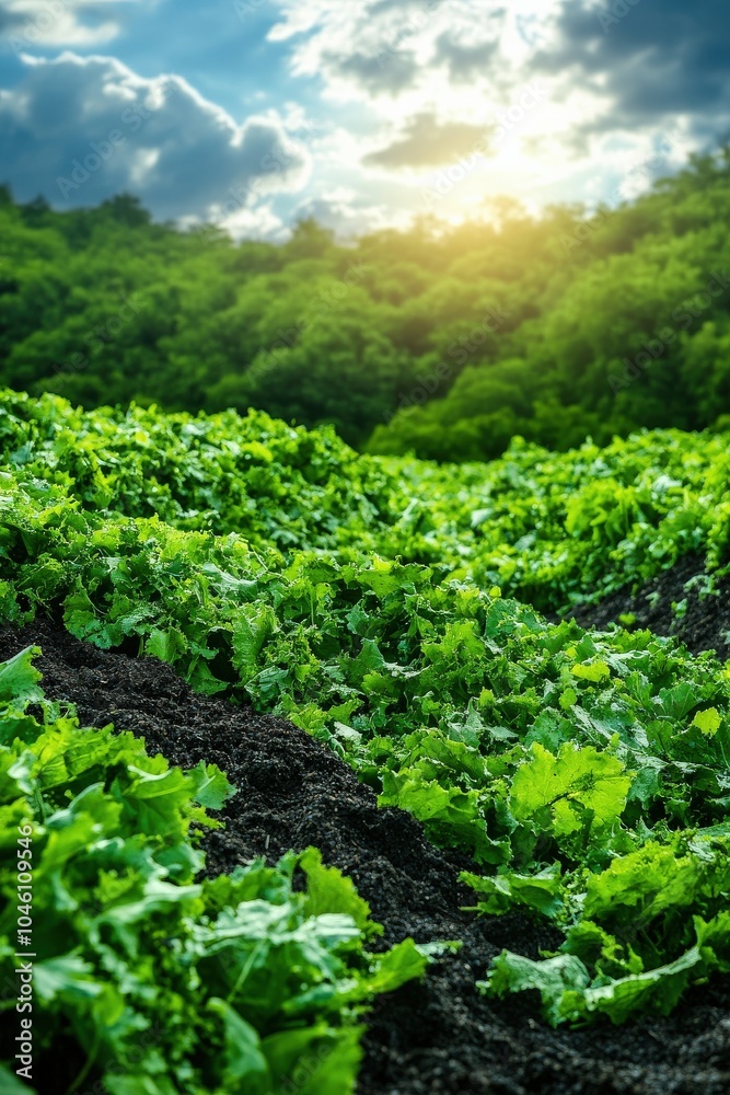 Naklejka premium Lush green lettuce fields under a dramatic sky at sunset.