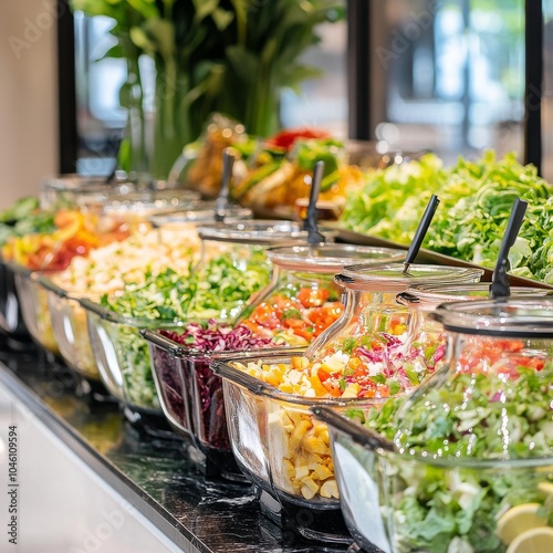 A refreshing salad bar display with an array of mixed greens, colorful veggies, and protein options photo