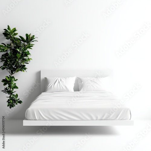 Minimalist bedroom with a floating bed and green plant  white isolate background.