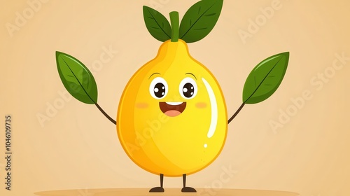 A brightly illustrated lemon cartoon with leaves upraised, joyous and happy, conveying cheerfulness and positivity, perfect for lively, fresh designs. photo